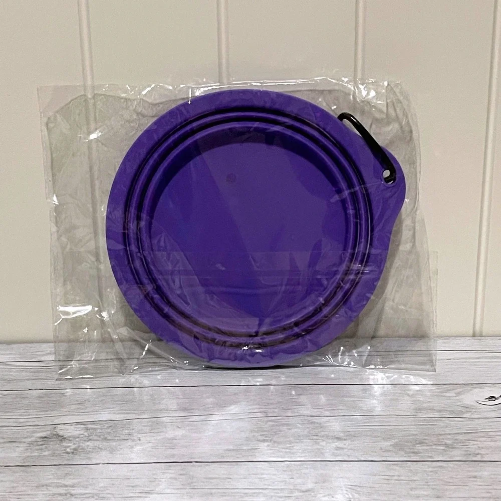 Purple Collapsible Silicone Pet Bowl with Carabiner for Hiking and Travel